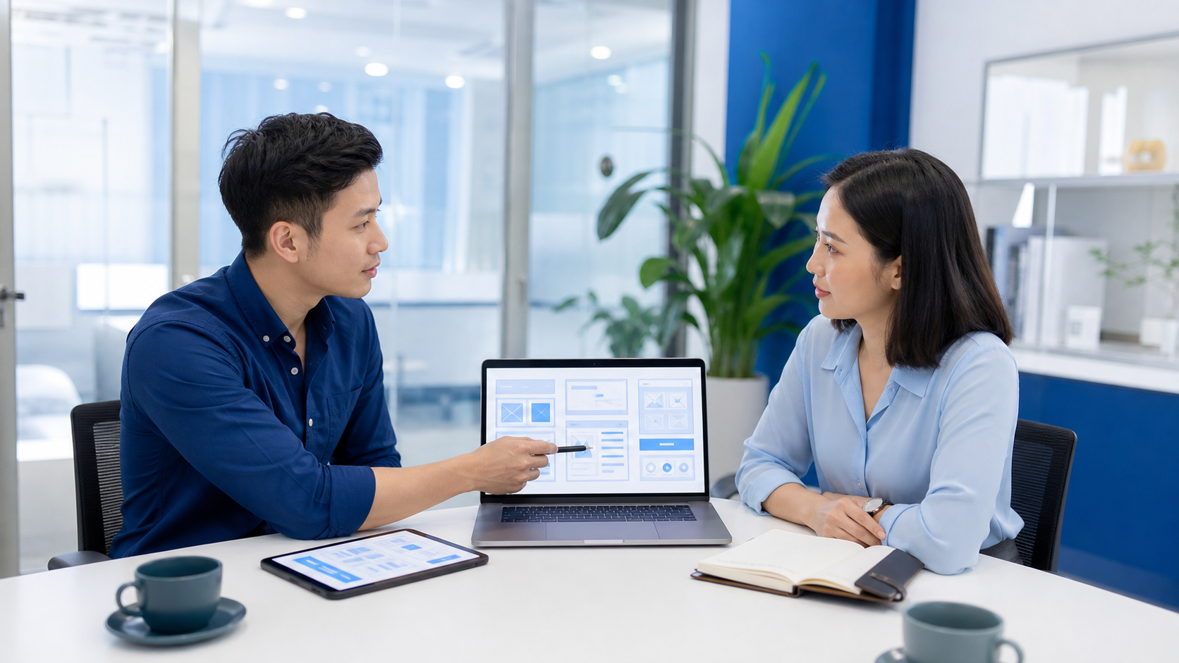 Nhà thiết kế website đang lắng nghe và tư vấn cho khách hàng